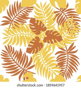Patrón sin foco con hojas de plátano, palma y monstera. Fondo vectorial de hojas tropicales. Ilustración vectorial en estilo plano para la decoración de habitaciones para niños, tapicería, papel de envoltura y tela.