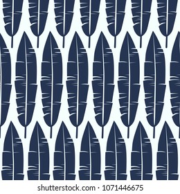 Seamless pattern with banana palm tree leaves. Illustration for summer background web and wallpaper design. Black print on white backdrop