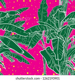 
Seamless pattern with banana palm trees. Large leaves of tropical plants. Freehand drawing in vintage style. Tropics, summer.