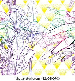 Seamless pattern with banana palm trees. Large leaves of tropical plants. Freehand drawing in vintage style. Tropics, summer.