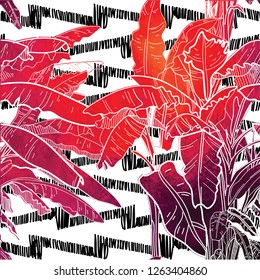 Seamless pattern with banana palm trees. Large leaves of tropical plants. Freehand drawing in vintage style. Tropics, summer.