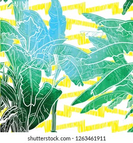 Seamless pattern with banana palm trees. Large leaves of tropical plants. Freehand drawing in vintage style. Tropics, summer.