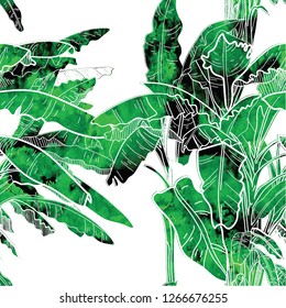 Seamless pattern with banana palm trees. Large leaves of tropical plants. Freehand drawing in vintage style. Tropics, summer.