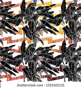 Seamless pattern with banana palm trees. Large leaves of tropical plants. Freehand drawing in vintage style. Tropics, summer.