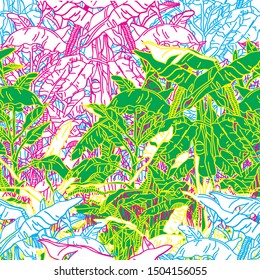 Seamless pattern with banana palm trees. Tropics, jungle. Exotic print, summer background.