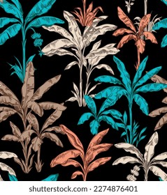 Seamless pattern with banana palms.  Tropical trees in linear style. Vector botanical illustration. Foliage design for wallpaper, textile and wrapping paper.