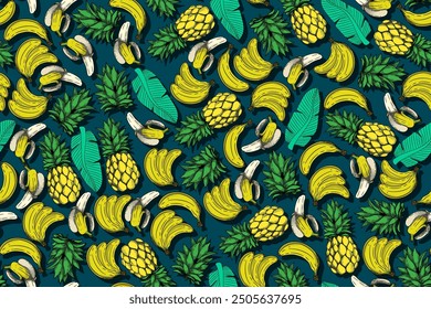 seamless pattern banana and pineapple vector drawing