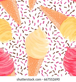 Seamless pattern with banana, pink, vanilla ice cream cones. Grit background. Summer texture for textile, fabric, wallpaper.