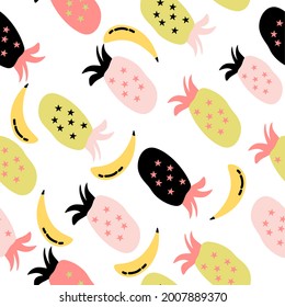 Seamless pattern with banana and pinneaple fruits collection. Handrawn illustration Vector. good for printing. 