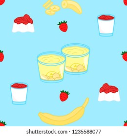 Seamless pattern of banana pudding and panna cotta vector illustration sketch