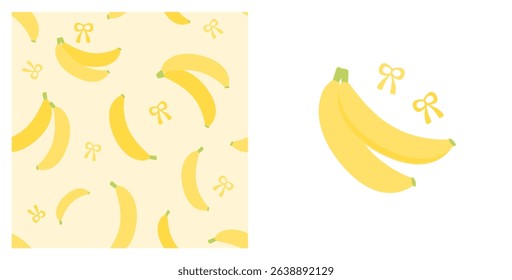 Seamless pattern with banana and ribbon bows on yellow background. Banana and ribbon bows icon on white background vector.