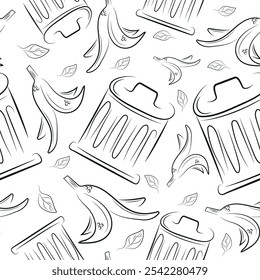 seamless pattern with banana skins and garbage can, to fight against environmental pollution day