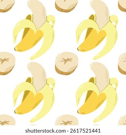 Nahtloses Muster aus Bananen und geschnittenen Bananen auf weißem Hintergrund. Ein künstlerisches, nahtloses Muster mit hellgelben Bananen und Bananenscheiben auf sauberem, weißem Hintergrund. 