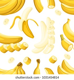 Seamless pattern of banana and slices of bananas . Vector illustration for decorative poster, emblem natural product, farmers market. Website page and mobile app design.