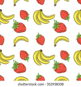 Seamless pattern with banana and strawberry