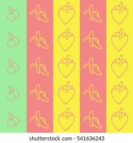 Seamless pattern with banana, strawberry and cherry on a colorful background.