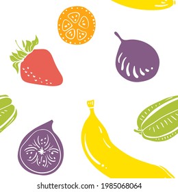 Seamless pattern with banana, strawberry, fig, starfruit, passion fruit. Colorful paper cut collection of fruits and berries isolated on white background. Doodle hand drawn fruits. Vector illustration