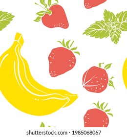 Seamless pattern with banana, strawberry and mint. Colorful paper cut collection of fruits and berries isolated on white background. Doodle hand drawn fruits. Vector illustration