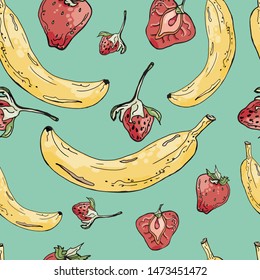 Seamless pattern with banana, strawberry on background for design, print, custom products.