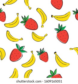 Seamless pattern of banana and strawberry. Vector illustration on transparent background. Suitable for textile, Wallpaper, decorations for a child.