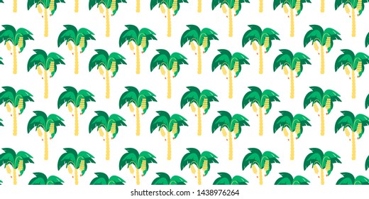 Seamless pattern. Banana trees with banana clusters hanging on them on a white background. Vector.