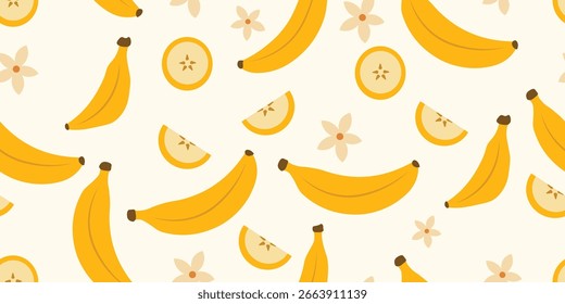 Seamless pattern with banana. Trendy summer background with hand drawn banana, flowers and leaves. Modern abstract design for paper, cover, fabric