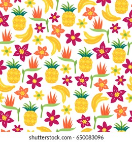 Seamless pattern with banana, tropical flowers, strelitzia and pineapple on white background