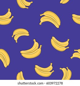 Seamless Pattern of Banana ,Tropical Fruit on Dark Purple Background, Vector Illustration 