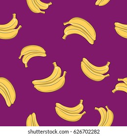 Seamless Pattern of Banana ,Tropical Fruit on Dark Lilac Background, Vector Illustration 
