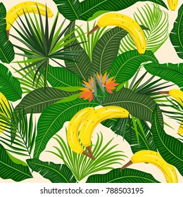 Seamless pattern with Banana, tropical leaves, vector.