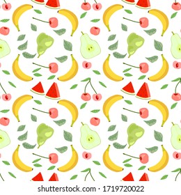Nahtloses Muster mit Banane, Vichy, Wassermelone, Birnen und Blättern. Vektormuster mit Früchten und Beeren.