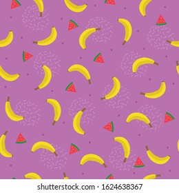 seamless pattern banana and watermelon fruit with pink background