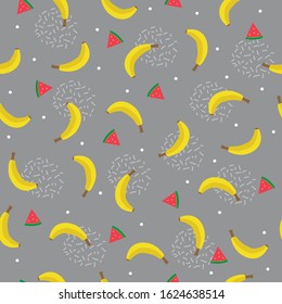 seamless pattern banana and watermelon fruit with grey background