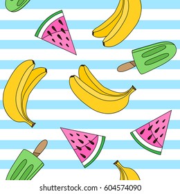 Seamless pattern with banana, watermelon and popsicle on striped background.
