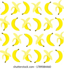 Seamless pattern with banana in yellow peel and half peeled isolated on white - background with ripe tropical fruits