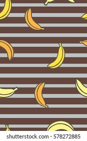 Seamless pattern with bananas arranged in a random order, on a white background with brown lines stripes style tropic