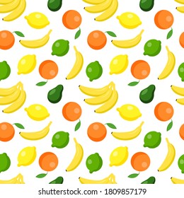 Seamless pattern with bananas, avocados, lemons, tangerines, limes and oranges on a white background. Fruit print for bed linen and fabrics, wrapping paper and wallpaper.
Stock vector illustration