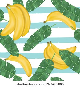 Seamless pattern bananas with banana leaves. Seamless pattern with banana leaves and banana. Beautiful seamless vector floral summer pattern with banana leaves and bananas