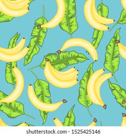 Seamless pattern with bananas and banana leaves. Summer cartoon collection in vector