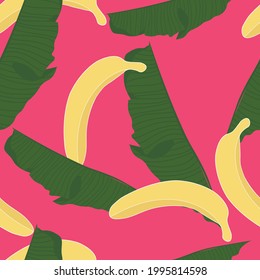 Seamless pattern with bananas and banana leaves. vector on bright pink background. Bright bananas on green leaves. Vector image for printing notepads, fabric. 