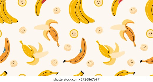 Nahtloses Muster mit Bananen und Bananenscheiben. Tropisches Fruchtdesign für Lebensmittel und Verpackungen. Trendige Vektorgrafik auf hellem Hintergrund, handgezeichnet, flach