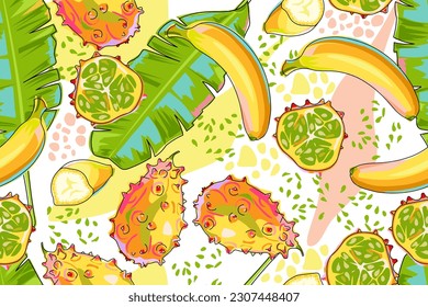 Seamless pattern with Bananas, banana tree leaves and kiwano. Summer background with fruits and tropical leaves on white. Horned melon or cucumber. Hand drawn, cartoon style. Vector illustration.