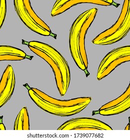 seamless pattern, bananas in bright colors, background with fruit in doodle style, ornament for wallpaper and fabrics, scrapbooking paper