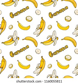 Seamless pattern with bananas. Bright ripe bananas whole and pieces on white background. Colorful vector illustration in sketch style.
