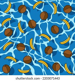 Seamless pattern with bananas and coconuts in water. Vector colored summer background.