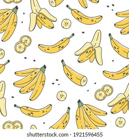 Seamless pattern with bananas in cute cartoon doodle style. Vector illustration. Pattern with slices of bananas, bunch of bananas, cut banana on a white background.