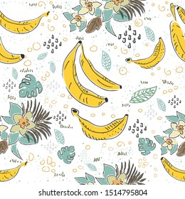 Seamless Pattern with Bananas and Exotic Flowers. Scandinavian Hand Drawn Style. Vector Illustration