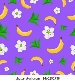 Seamless pattern bananas flowers leaves on blue background colorful nature fruit repeat background for textile, wrapping, print