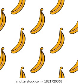 Seamless pattern from bananas. Healthy fruit food. Healthy eating. Yellow color, pink light background. Colored Doodle style. Vector illustration. For print and web