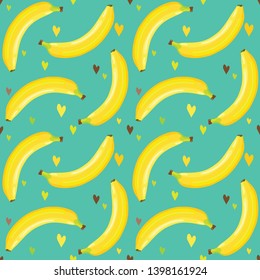 Seamless pattern with bananas and hearts on a blue background. Ripe yellow banana. Poster, banner, wrapping paper, print. Vector illustration.